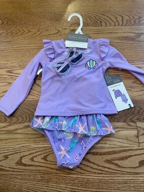 3 Piece Lavender Girls' Rashguard Swim Set with Pastel Seashell Print